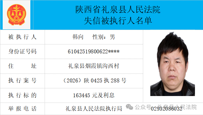 礼泉县人民法院二〇二六年第四期第一批失信人员公布