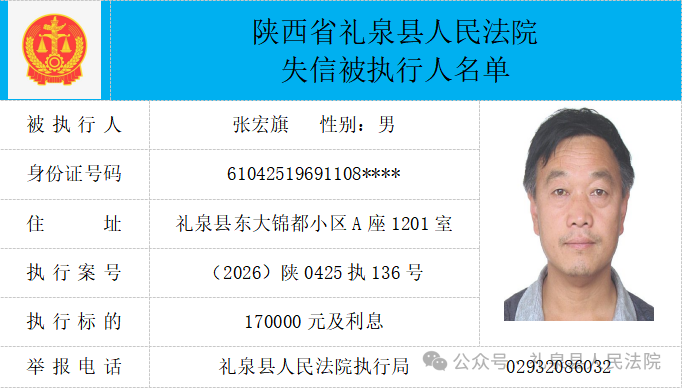 礼泉县人民法院二〇二六年第四期第一批失信人员公布