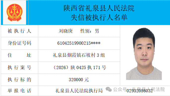 礼泉县人民法院二〇二六年第四期第一批失信人员公布