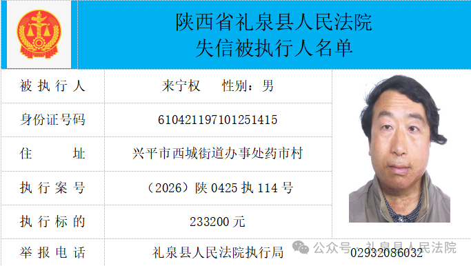 礼泉县人民法院二〇二六年第四期第一批失信人员公布