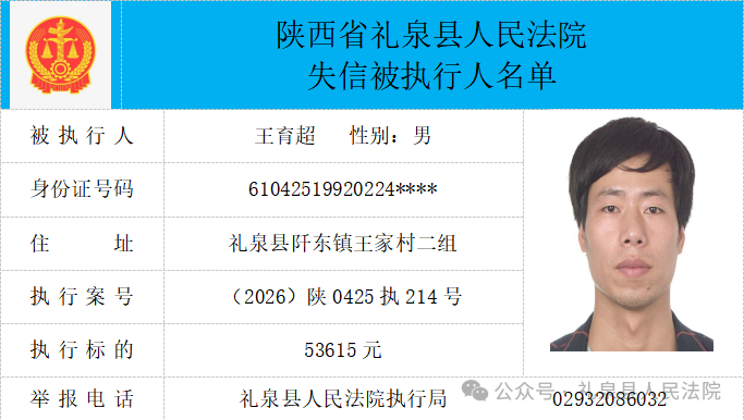 礼泉县人民法院二〇二六年第四期第一批失信人员公布