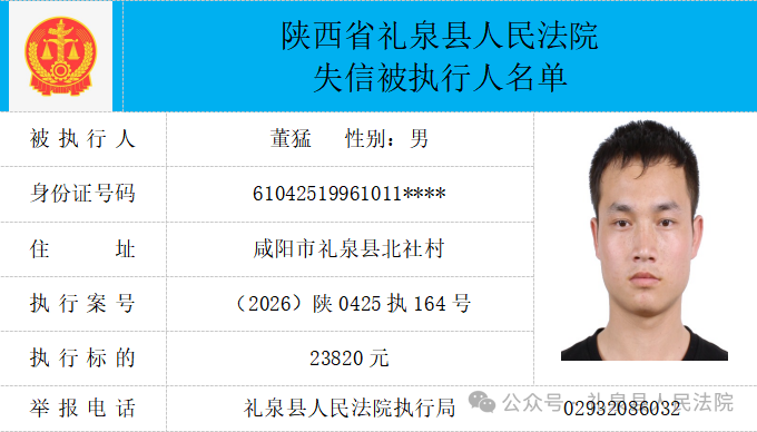礼泉县人民法院二〇二六年第四期第一批失信人员公布