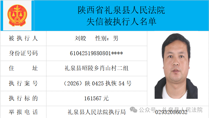 礼泉县人民法院二〇二六年第四期第一批失信人员公布