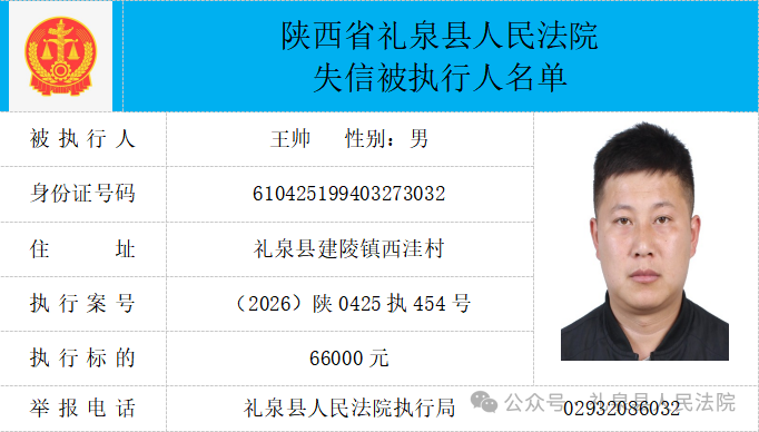礼泉县人民法院二〇二六年第四期第一批失信人员公布