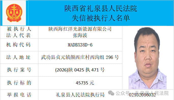 礼泉县人民法院二〇二六年第四期第一批失信人员公布