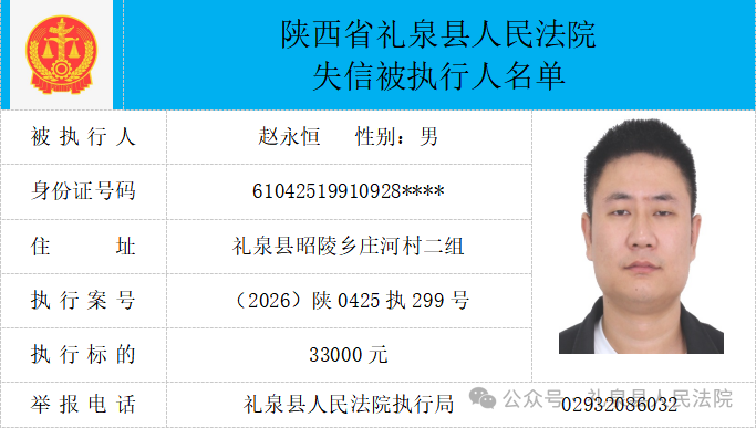 礼泉县人民法院二〇二六年第四期第一批失信人员公布